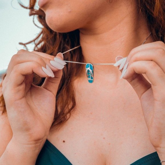 Hawaiian Blue Fire Opal Flip Flop Necklace Pendant Silver Plated Rhinestones NIB - Picture 3 of 8